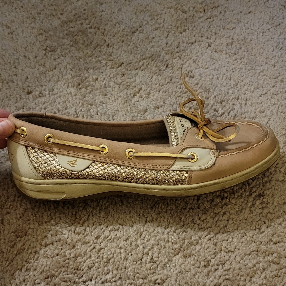 Sperry Top-sider Angelfish tan leather gold sequin boat shoes - Picture 3 of 7
